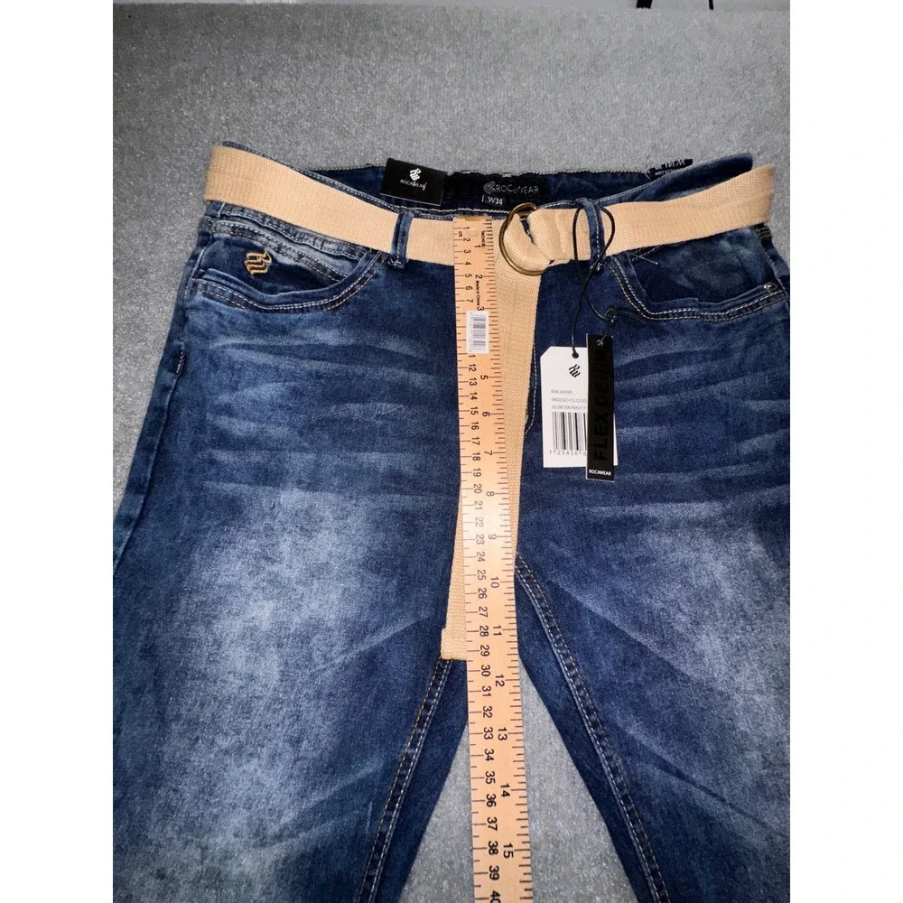 Rocawear Mens Flex Denim Slim Skinny Jeans Indigo Cloud W34 L30 With Belt RWJ009